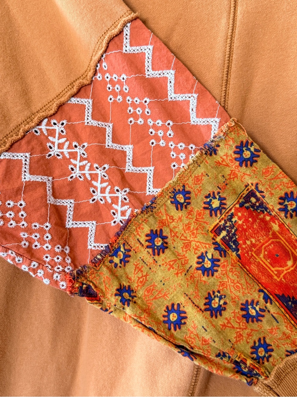 THREE BIRD NEST Burnt Orange Sweatshirt with Patterned Sleeve Panels boho Gypsy - Picture 2 of 6